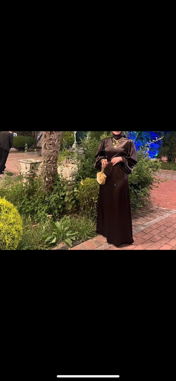 Kahve rengiUzun Kollu Drapeli Kadın Elbise - Görsel 2