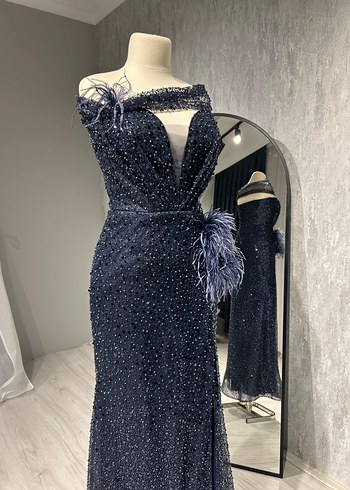 İşlemeli Drapeli Lacivert Uzun Abiye Elbise - Görsel 9