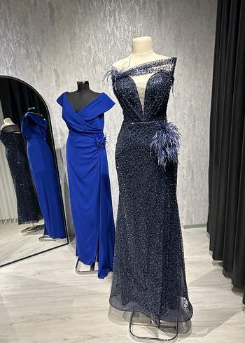 İşlemeli Drapeli Lacivert Uzun Abiye Elbise - Görsel 2