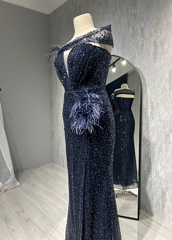 İşlemeli Drapeli Lacivert Uzun Abiye Elbise - Görsel 6