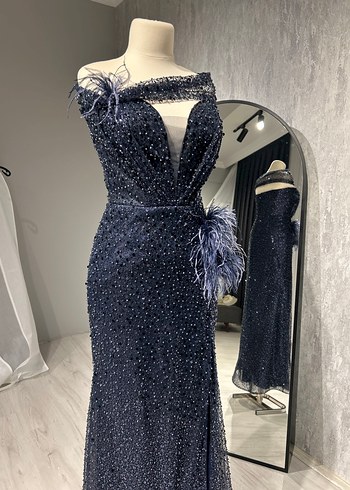 İşlemeli Drapeli Lacivert Uzun Abiye Elbise - Görsel 7