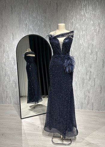 İşlemeli Drapeli Lacivert Uzun Abiye Elbise - Görsel 5