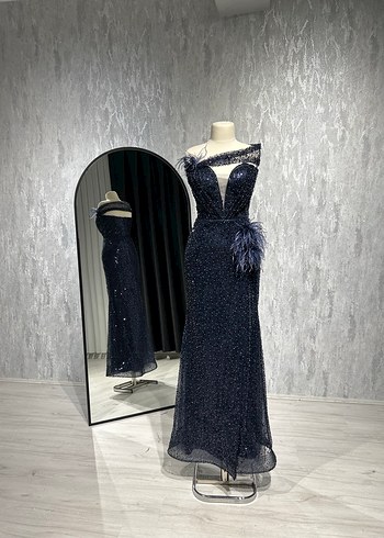 İşlemeli Drapeli Lacivert Uzun Abiye Elbise - Görsel 8