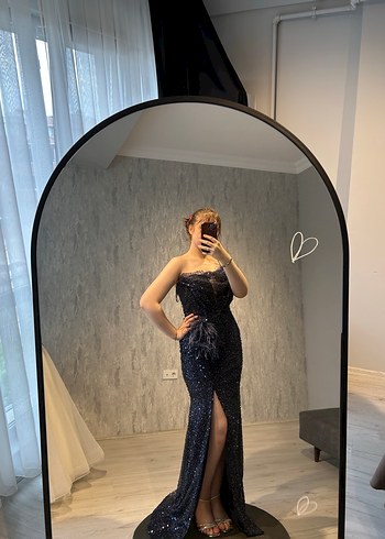 İşlemeli Drapeli Lacivert Uzun Abiye Elbise - Görsel 10