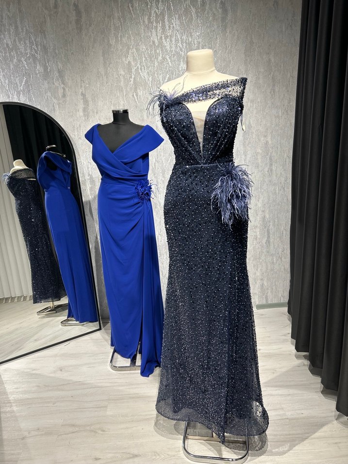 İşlemeli Drapeli Lacivert Uzun Abiye Elbise - Görsel 2