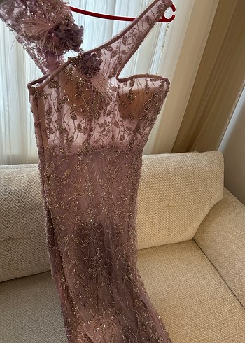 Mor Drapeli Nakışlı Uzun Abiye Elbise - Görsel 4