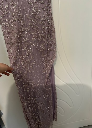 Mor Drapeli Nakışlı Uzun Abiye Elbise - Görsel 6