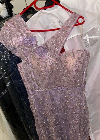 Mor Drapeli Nakışlı Uzun Abiye Elbise - Görsel 5