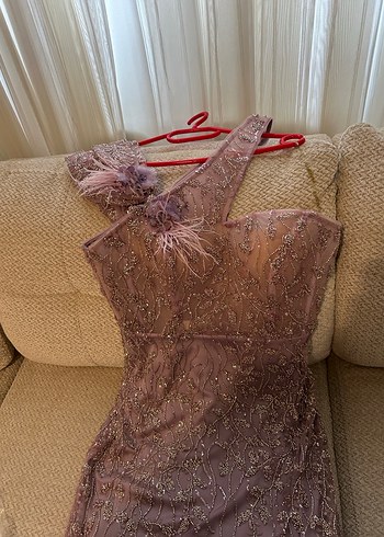 Mor Drapeli Nakışlı Uzun Abiye Elbise - Görsel 3