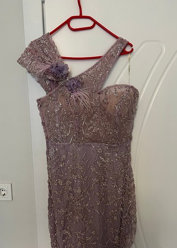 Mor Drapeli Nakışlı Uzun Abiye Elbise - Görsel 2