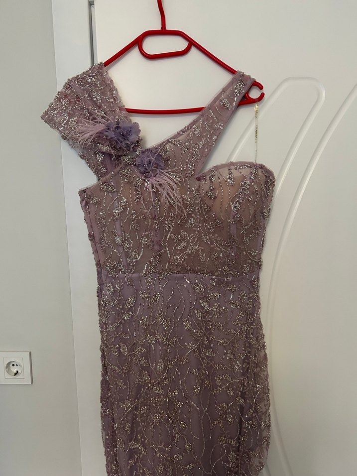 Mor Drapeli Nakışlı Uzun Abiye Elbise - Görsel 2