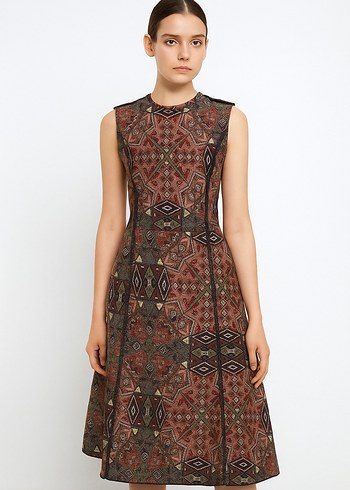 Bordo Bohem Desenli Uzun Örme Kolsuz Elbise - Görsel 6