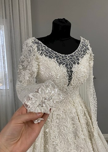 Uzun Kollu Haute Couture Gelinlik İpli İvory 36-38-40 - Görsel 3