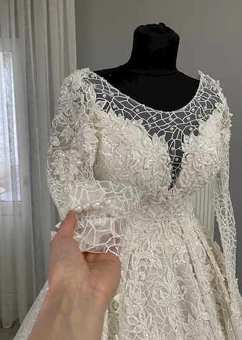 Uzun Kollu Haute Couture Gelinlik İpli İvory 36-38-40 - Görsel 4