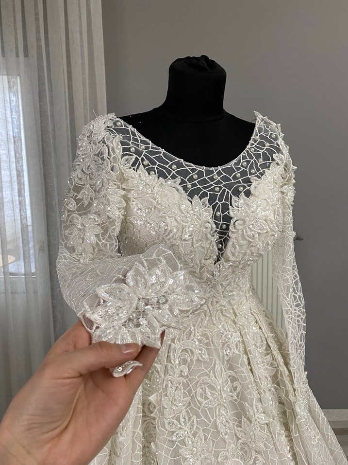 Uzun Kollu Haute Couture Gelinlik İpli İvory 36-38-40 - Görsel 3