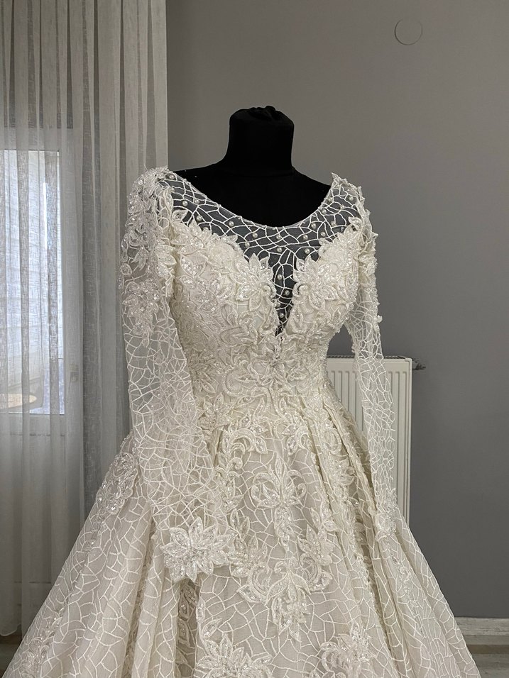 Uzun Kollu Haute Couture Gelinlik İpli İvory 36-38-40 - Görsel 2