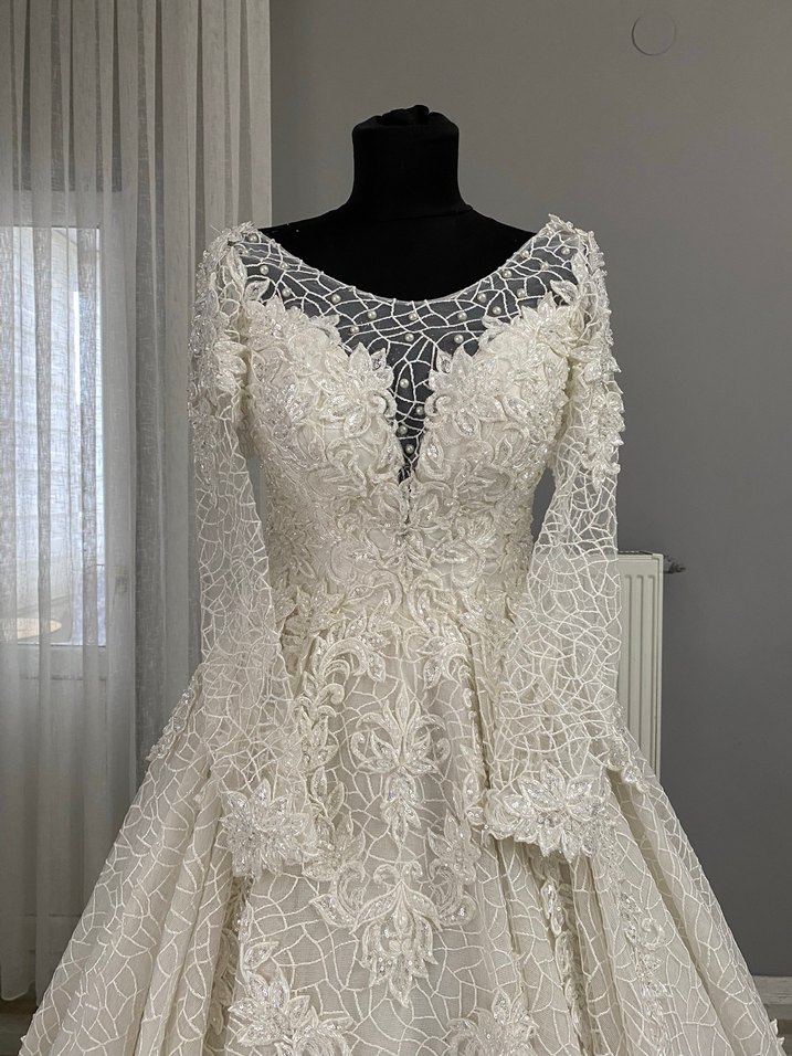 Uzun Kollu Haute Couture Gelinlik İpli İvory 36-38-40 - Görsel 5