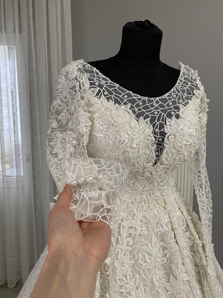 Uzun Kollu Haute Couture Gelinlik İpli İvory 36-38-40 - Görsel 4