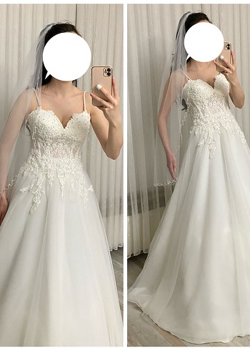 İp Askılı Balon Kol Gelinlik Sırt İpli İşlemeli Temiz Tam Takım - Görsel 17