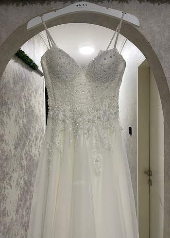 İp Askılı Balon Kol Gelinlik Sırt İpli İşlemeli Temiz Tam Takım - Görsel 5