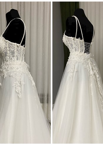 İp Askılı Balon Kol Gelinlik Sırt İpli İşlemeli Temiz Tam Takım - Görsel 13