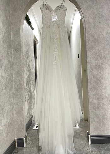 İp Askılı Balon Kol Gelinlik Sırt İpli İşlemeli Temiz Tam Takım - Görsel 7