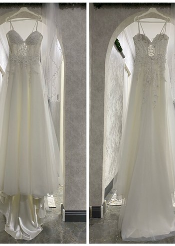 İp Askılı Balon Kol Gelinlik Sırt İpli İşlemeli Temiz Tam Takım - Görsel 15