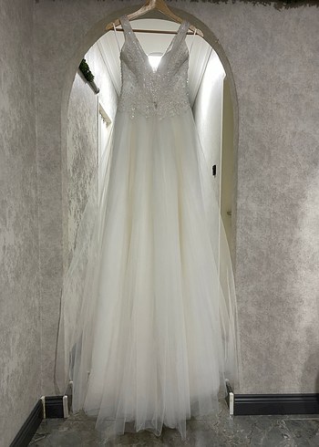 V Yaka Helen İpli Taş İşlemeli Gelinlik Tam Takım Temiz - Görsel 16