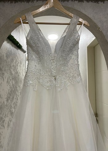 V Yaka Helen İpli Taş İşlemeli Gelinlik Tam Takım Temiz - Görsel 8