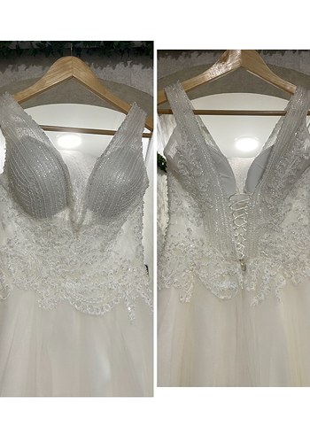 V Yaka Helen İpli Taş İşlemeli Gelinlik Tam Takım Temiz - Görsel 5