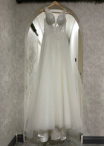 V Yaka Helen İpli Taş İşlemeli Gelinlik Tam Takım Temiz - Görsel 20