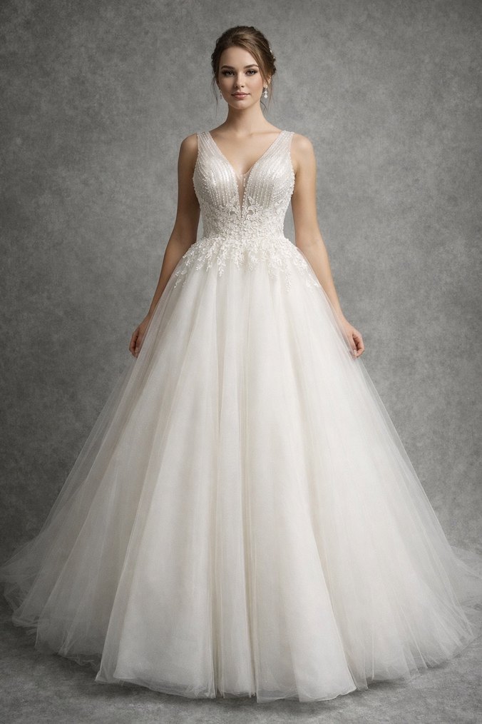 V Yaka Helen İpli Taş İşlemeli Gelinlik Tam Takım Temiz - Görsel 2