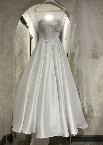 OlegCassini Straplez Saten Gelinlik Cep Detaylı İpli 34-36 - Görsel 4