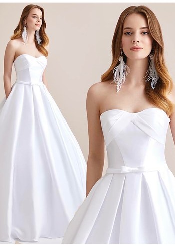 OlegCassini Straplez Saten Gelinlik Cep Detaylı İpli 34-36 - Görsel 20