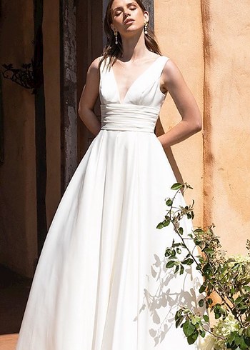 V Yaka Saten Gelinlik Cep Detay Oleg Cassini 34-36 - Görsel 3