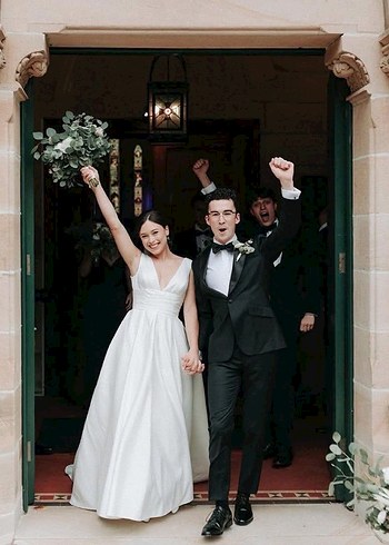 V Yaka Saten Gelinlik Cep Detay Oleg Cassini 34-36 - Görsel 10