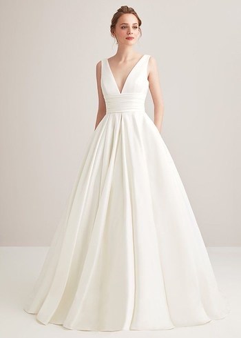 V Yaka Saten Gelinlik Cep Detay Oleg Cassini 34-36 - Görsel 2