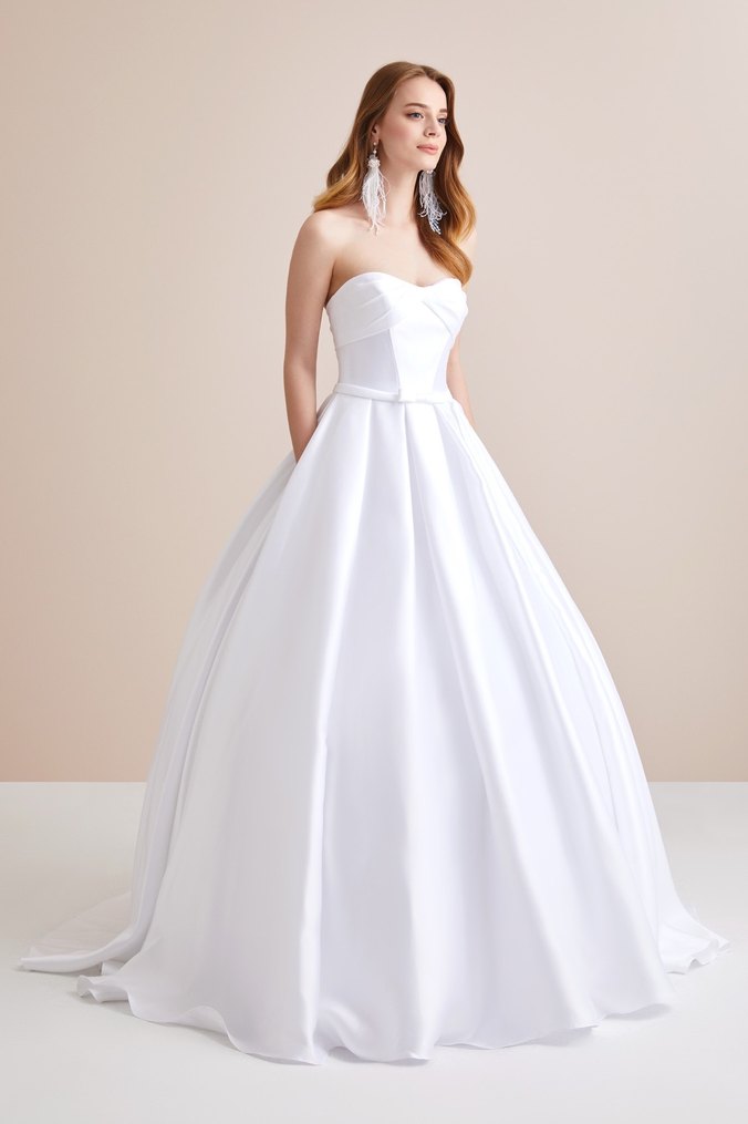 OlegCassini Straplez Saten Gelinlik Cep Detaylı İpli 34-36 - Görsel 2