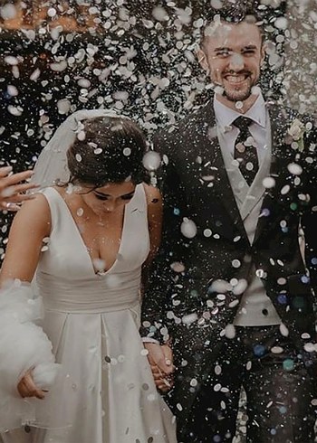 V Yaka Saten Cepli Oleg Cassini Gelinlik 34-36 - Görsel 11