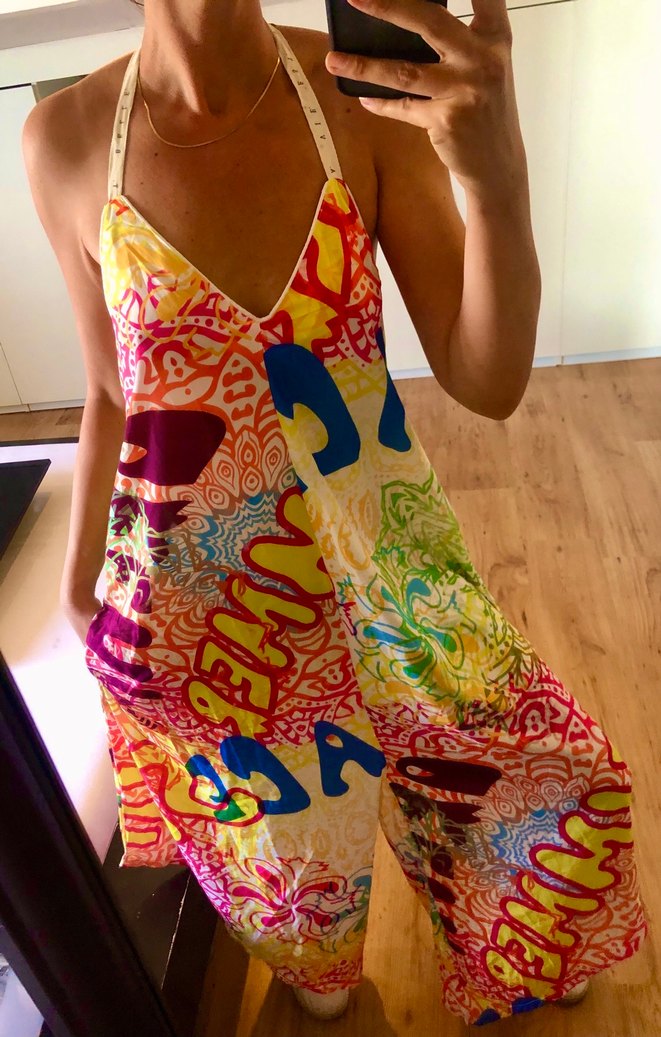 Renkli Batik Desenli Uzun V Yakalı Elbise - Görsel 2