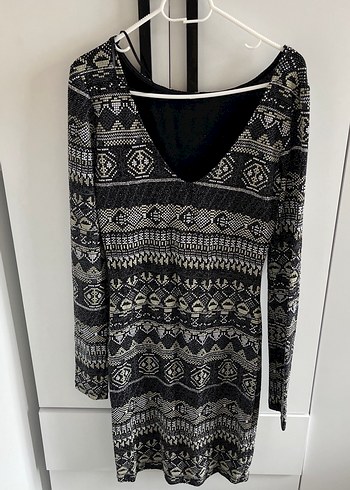 Gri Bohem Uzun Kollu Örgü Desenli Elbise - Görsel 4