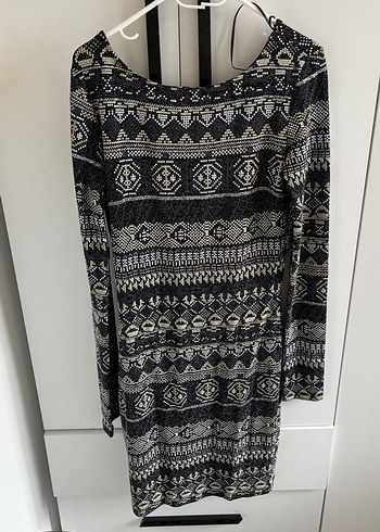 Gri Bohem Uzun Kollu Örgü Desenli Elbise - Görsel 2