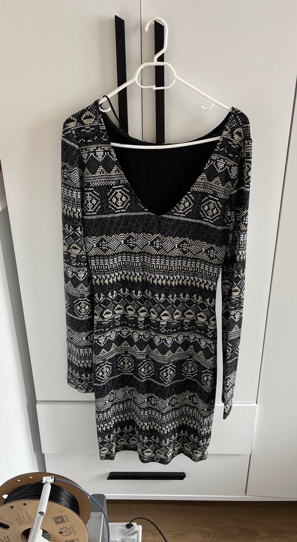 Gri Bohem Uzun Kollu Örgü Desenli Elbise - Görsel 3