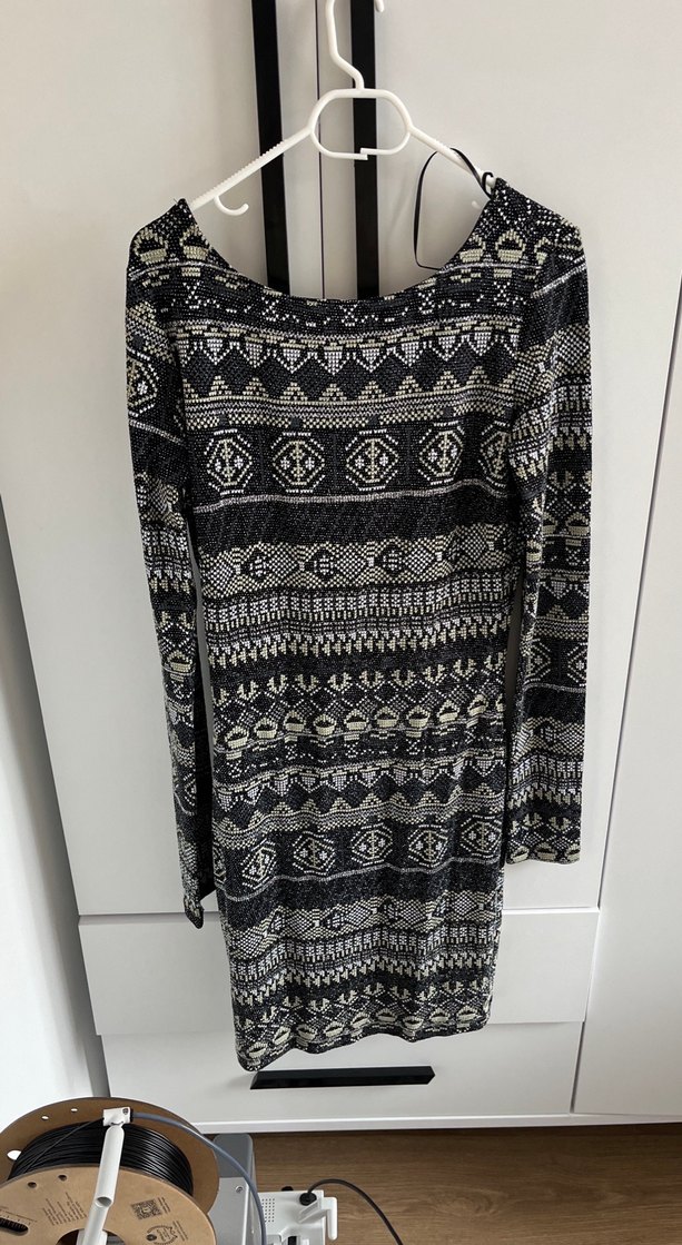 Gri Bohem Uzun Kollu Örgü Desenli Elbise - Görsel 2