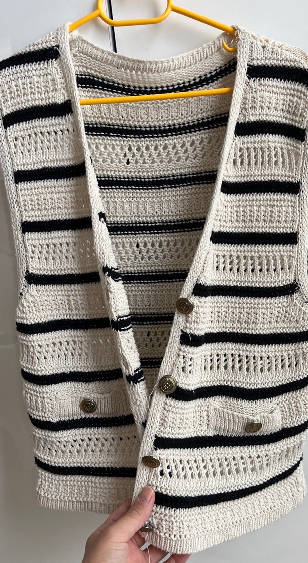 Bohem V Yaka Çizgili Örgü Kadın Yelek - Görsel 2