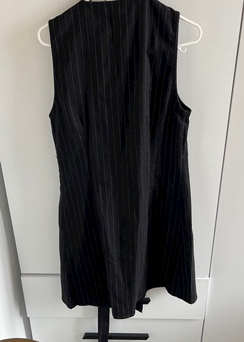 Uzun Siyah Çizgili Kolsuz Keten Yelek - Görsel 4