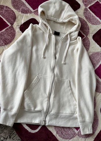 Beyaz Fermuarlı Kapüşonlu Sweatshirt