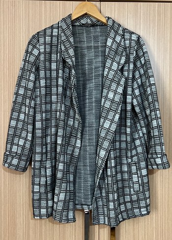 Kadın Gri Kareli Düğmeli Blazer Ceket