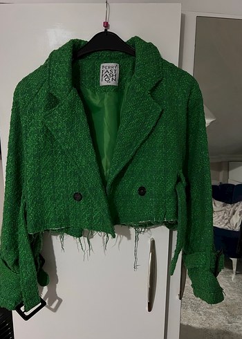 Yeşil Mini Kısa Kesim Kadın Tüvit Blazer