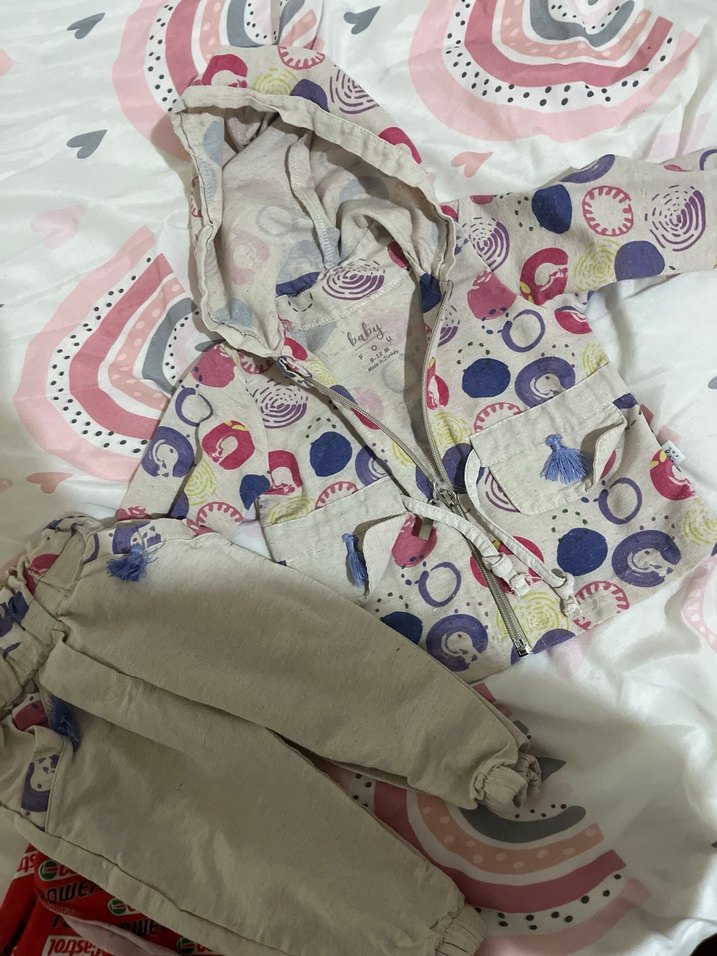 Kız Çocuk Kapüşonlu Renkli Desenli Ceket takım - Görsel 2